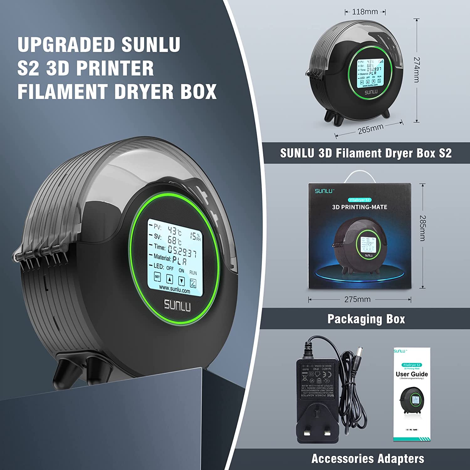 SUNLU S2 FilaDryer 3D Drucker Filament Trockner Aufbewahrungsbox