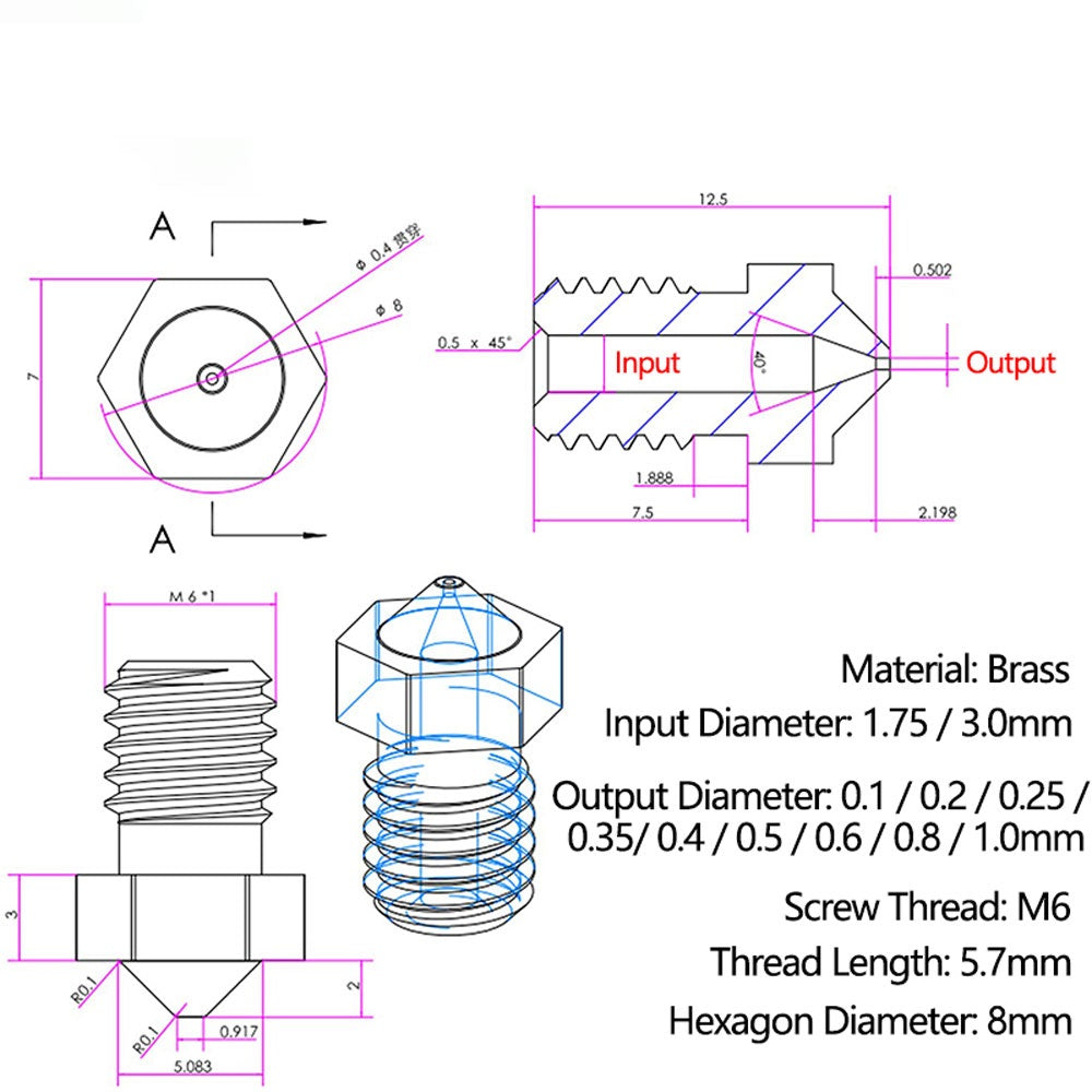 Nozzle Set mit 5 Stück für 3D-Drucker passend bei E3D Hot Ends V5, V6